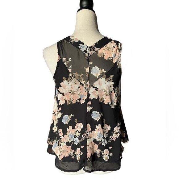 Sienna Sky Black Layered Chiffon Sleeveless Blouse w/Floral Print (Size: XS) - Picture 2 of 8